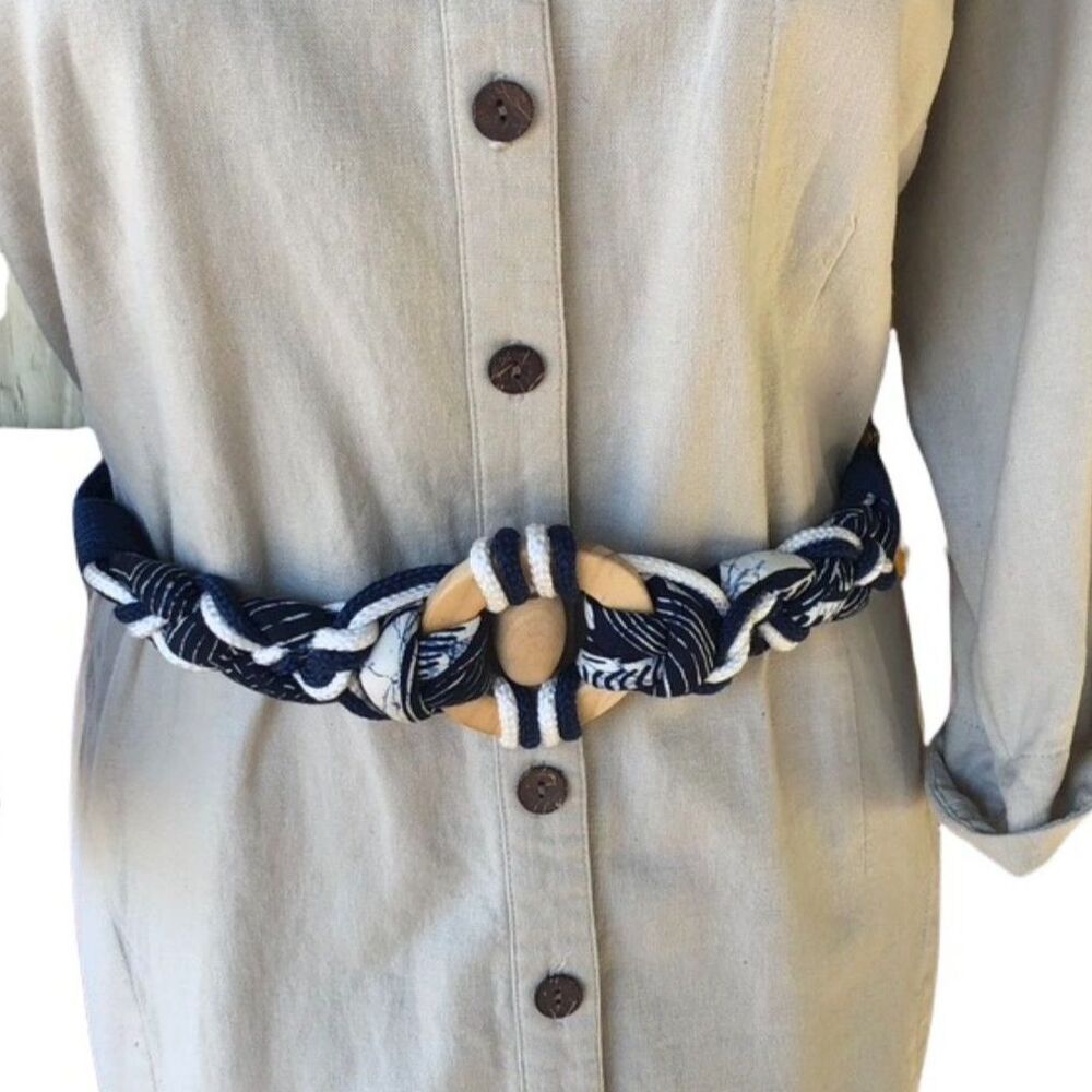 Vintage Cotton & Wood Blue & White Belt 1970s